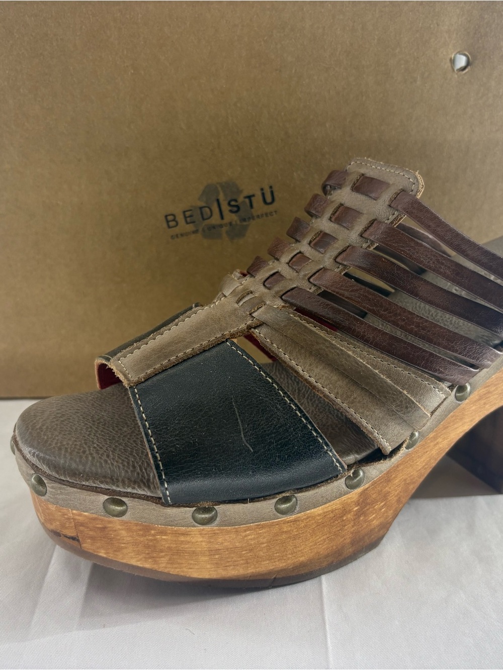 Bed Stu Shantel Brown and Black Leather Strappy Platform Clog Womens 10